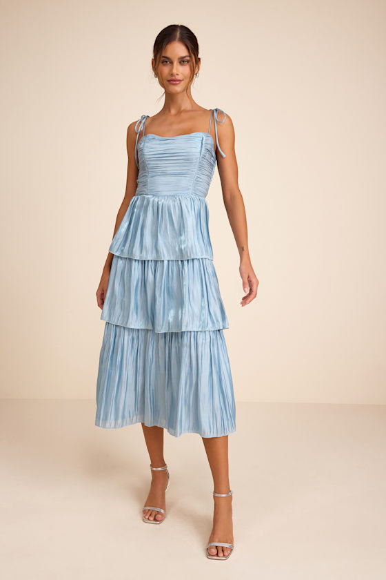 Tennon Light Pink Plisse Tiered Midi Dress