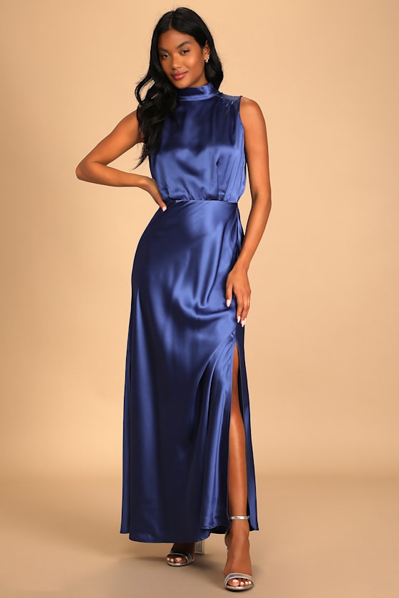 Classic Elegance Olive Satin Sleeveless Mock Neck Maxi Dress