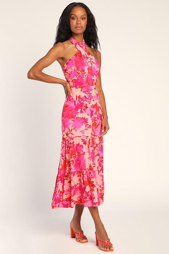 Always Eye-Catching Brown Tiered Halter Midi Dress