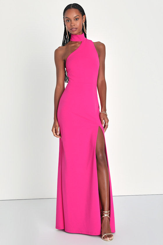Keep It Interesting Hot Pink Asymmetrical Halter Maxi Dress #Color_Hot Pink