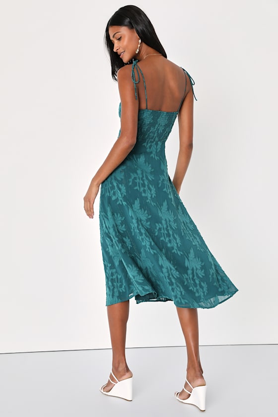Loveliest Looks Emerald Green Jacquard Tie-Strap Midi Dress #Color_Emerald Green