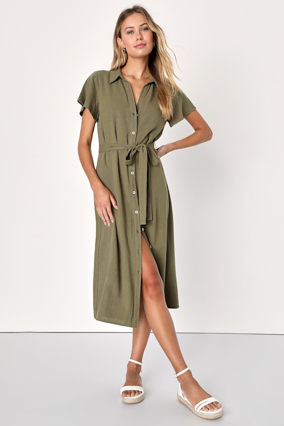 Italian Summer Olive Green Linen Button-Up Short Sleeve Dress #Color_Green