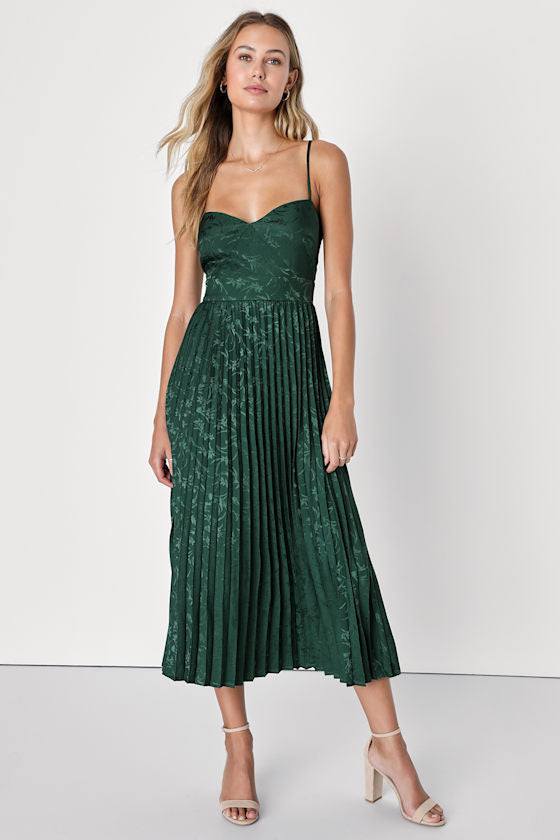 Regal Romance Emerald Floral Jacquard Pleated Satin Midi Dress #Color_Emerald
