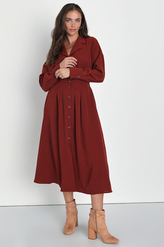 Timeless Class Dark Red Collared Button-Up Pleated Midi Dress #Color_Dark Red