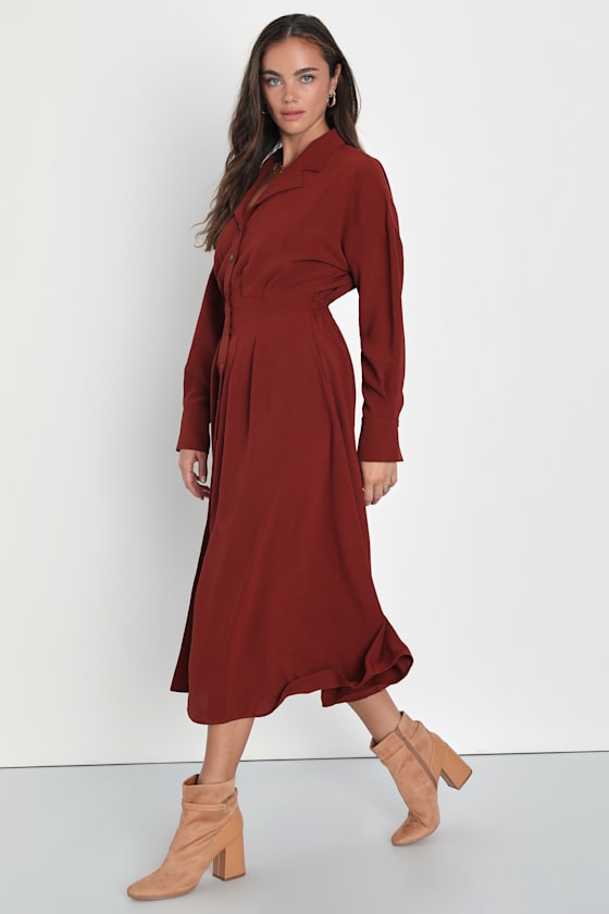 Timeless Class Dark Red Collared Button-Up Pleated Midi Dress #Color_Dark Red