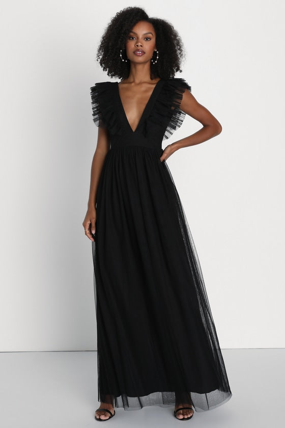 Simply Delighted Black Mesh Ruffled Backless Maxi Dress #Color_Black