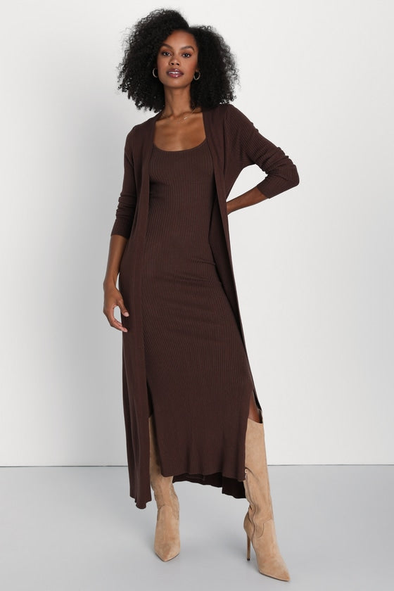 Layer Lover Brown Ribbed Knit Two-Piece Dress & Cardigan Set #Color_Brown
