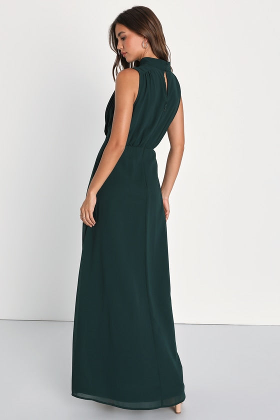 Classic Elegance Emerald Chiffon Sleeveless Mock Neck Maxi Dress #Color_Emerald