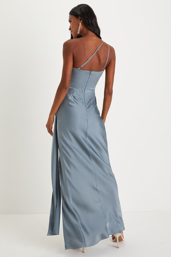 Signature Elegance Slate Blue Satin One-Shoulder Maxi Dress #Color_Slate Blue