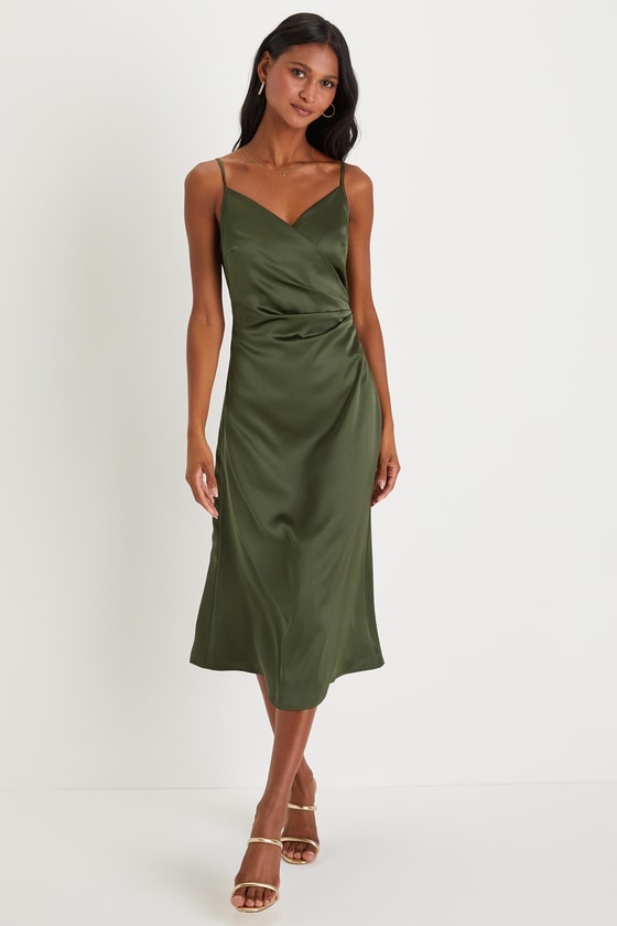 Simplicity of Love Olive Green Satin A-Line Midi Dress #Color_Olive Green
