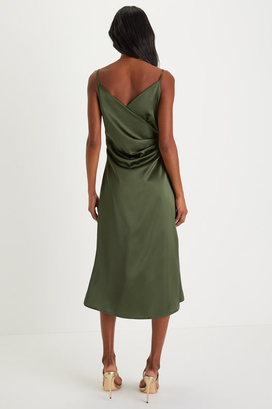 Simplicity of Love Olive Green Satin A-Line Midi Dress #Color_Olive Green