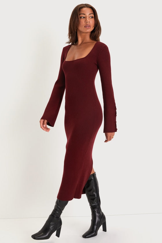 Classy Attitude Burgundy Ribbed Square Neck Midi Sweater Dress #Color_Burgundy