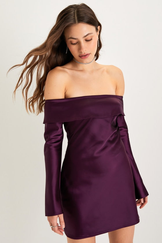 Luxurious Vision Brown Satin Off-the-Shoulder Mini Dress