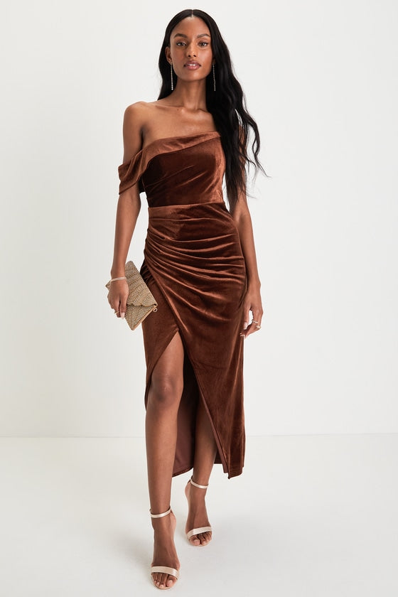 Showing Off a Little Brown Velvet Asymmetrical Tulip Midi Dress #Color_Brown