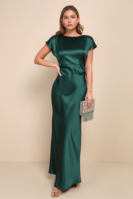 Captivating Presence Forest Green Satin Cowl Back Maxi Dress #Color_Forest Green