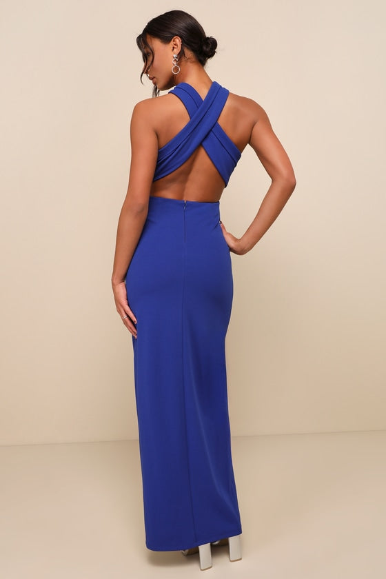 Head to Cocktail Hour Royal Blue Halter Neck Maxi Dress #Color_Royal Blue