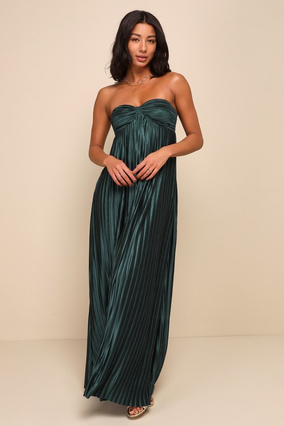 Whimsical Beauty Emerald Green Satin Plisse Strapless Maxi Dress #Color_Emerald Green