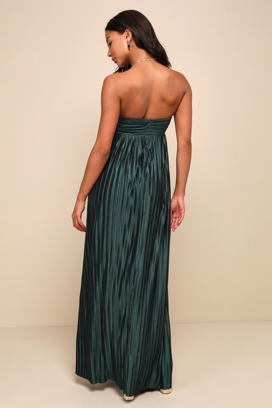 Whimsical Beauty Golden Yellow Satin Plisse Strapless Maxi Dress