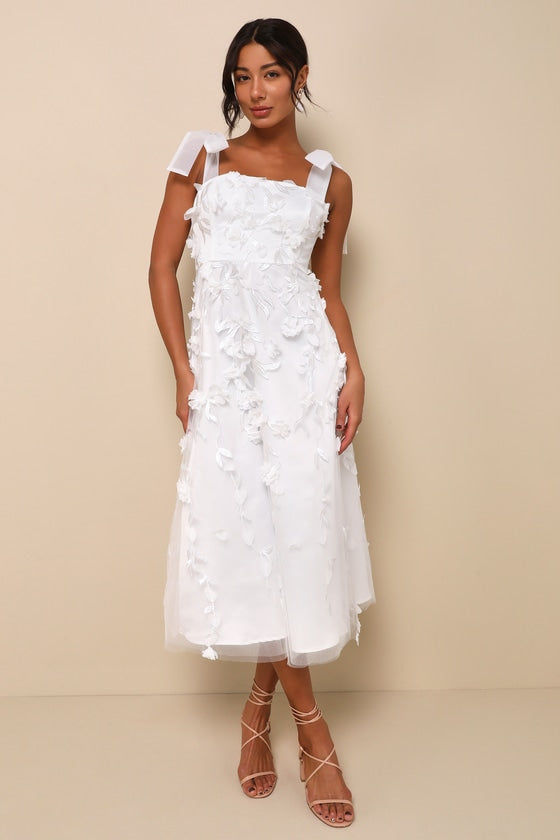 Effortlessly Sweet White Tulle 3D Floral Tie-Strap Midi Dress #Color_White
