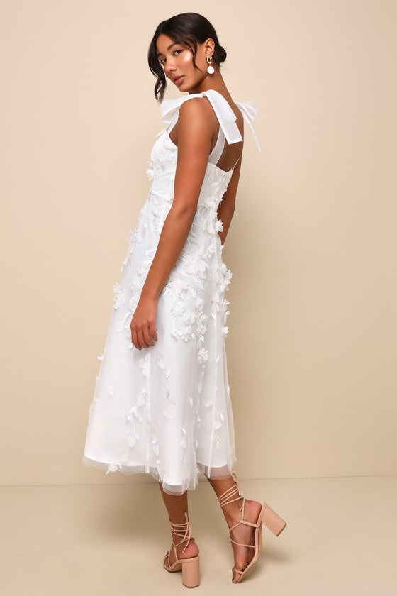 Effortlessly Sweet White Tulle 3D Floral Tie-Strap Midi Dress #Color_White