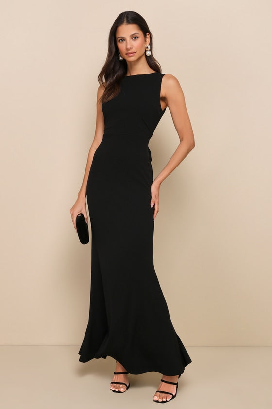 Exquisite Refinement Black Backless Bow Ruffled Maxi Dress #Color_Black