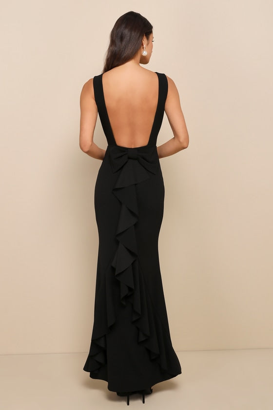 Exquisite Refinement Ivory Backless Bow Ruffled Maxi Dress