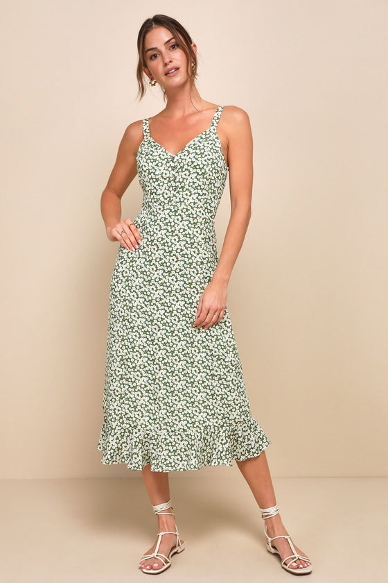 Darling Daisies Green Floral Print Midi Dress #Color_Green Floral Print