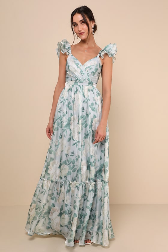 Soiree Perfection Light Blue Floral Ruffled Tiered Maxi Dress #Color_Light Blue Floral