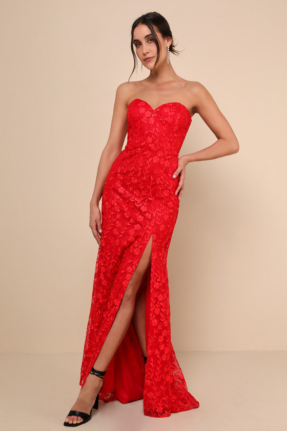 Romantic Beauty Red Floral Embroidered Strapless Maxi Dress #Color_Red