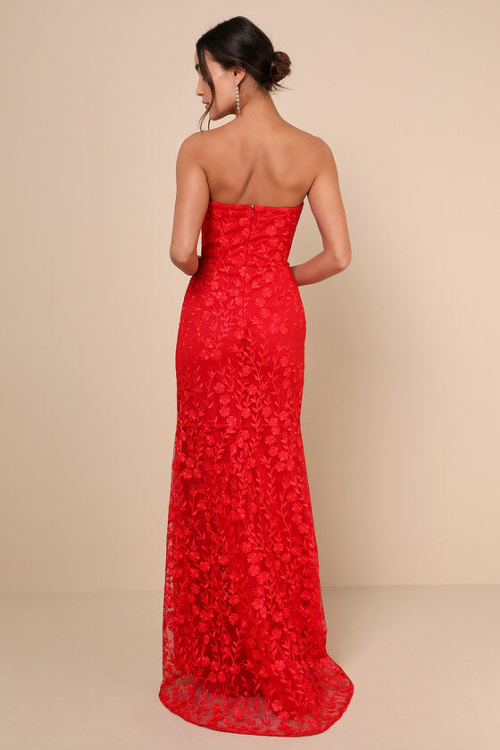 Romantic Beauty Red Floral Embroidered Strapless Maxi Dress #Color_Red