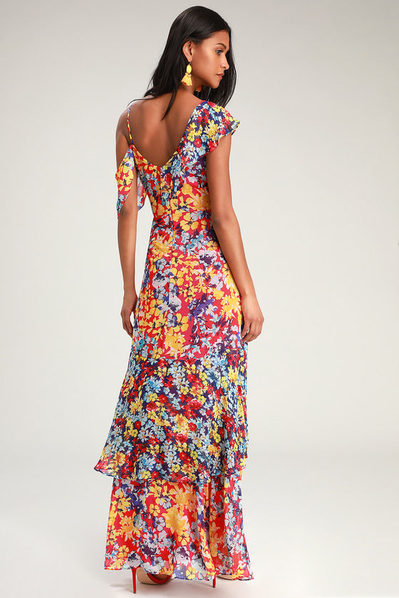 Radiant Ruby Red Floral Print Chiffon Maxi Dress #Color_Ruby Red Floral Print