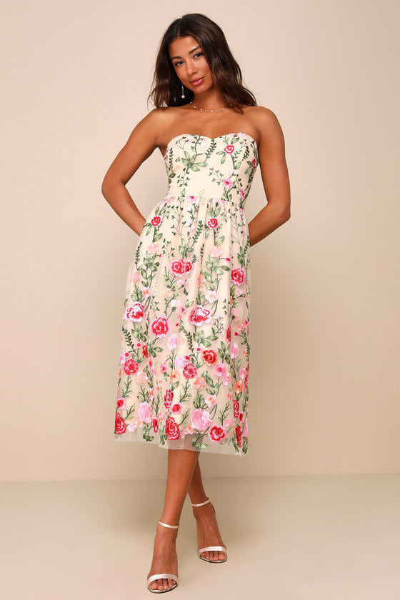 Endless Praise Beige Floral Embroidered Strapless Midi Dress #Color_Beige