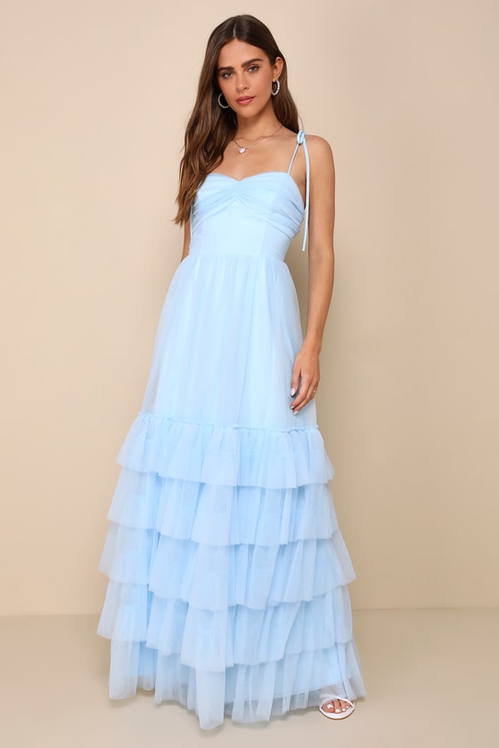 Endlessly Darling Light Blue Mesh Tiered Tie-Strap Maxi Dress #Color_Light Blue