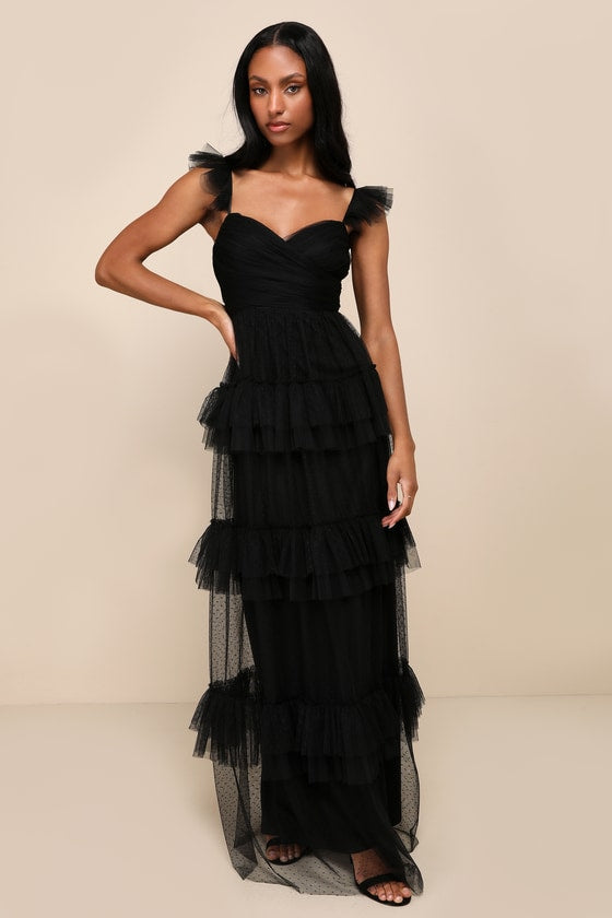 Pure Radiance Black Mesh Swiss Dot Tiered Maxi Dress #Color_Black