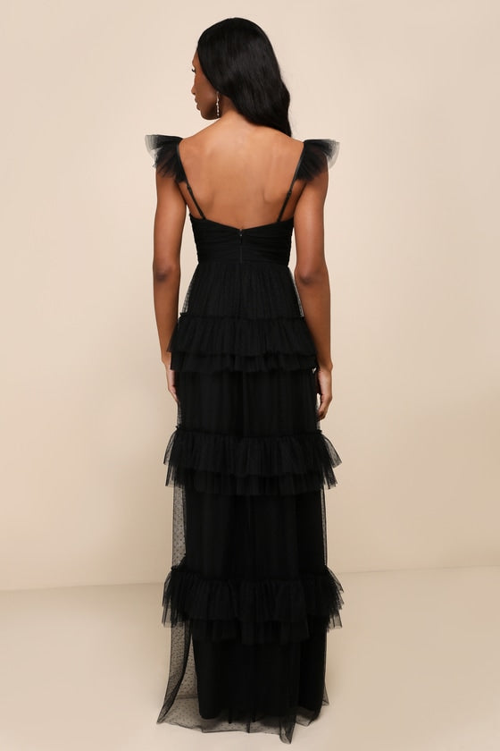 Pure Radiance Black Mesh Swiss Dot Tiered Maxi Dress #Color_Black