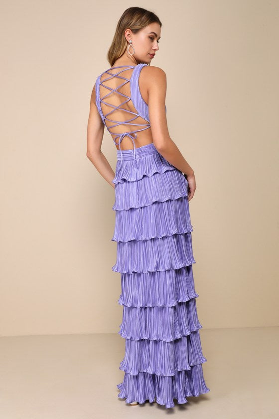 Beauty Icon Lavender Satin Pleated Tiered Lace-Up Maxi Dress #Color_Lavender