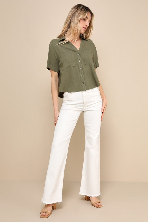 Summer Escapades Light Blue Linen Collared Button-Up Top