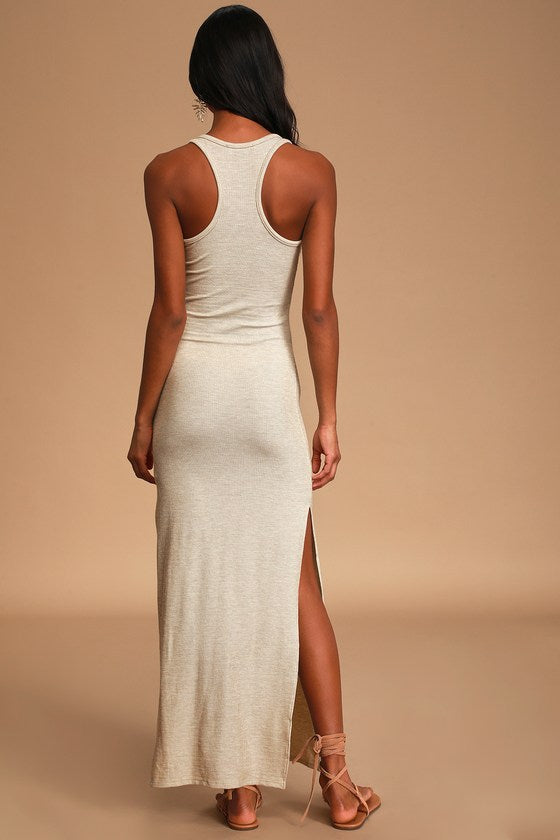 Relaxed but Not Least Beige Ribbed Sleeveless Maxi Dress #Color_Beige