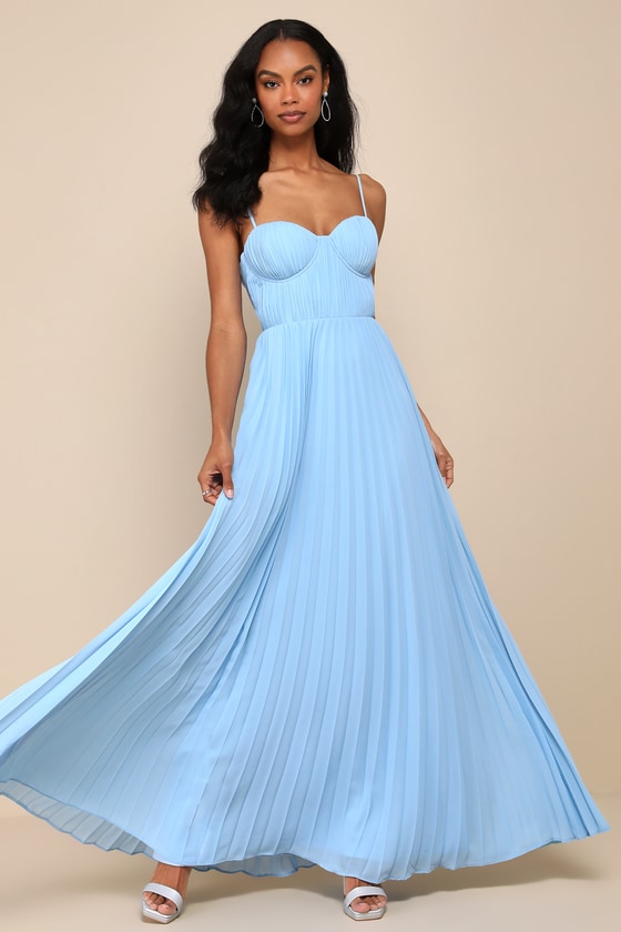 Admirable Elegance Light Blue Pleated Bustier Maxi Dress #Color_Light Blue
