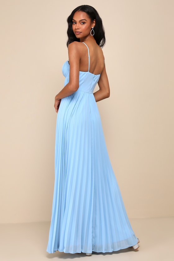 Admirable Elegance Light Blue Pleated Bustier Maxi Dress #Color_Light Blue