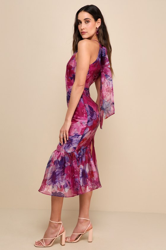 Admirable Essence Magenta Floral Organza Trumpet Midi Dress #Color_Magenta Floral