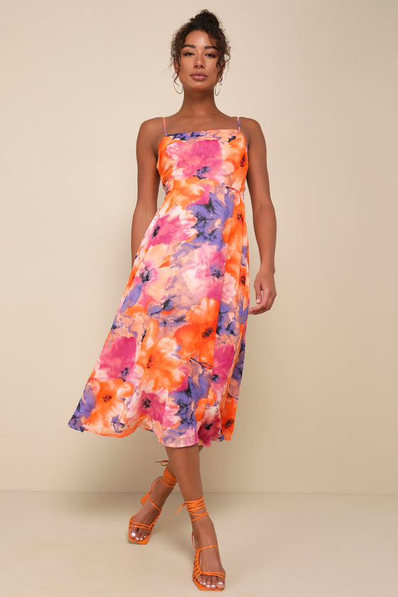 Radiant Feelings Orange and Purple Floral Chiffon Midi Dress #Color_Orange and Purple Floral