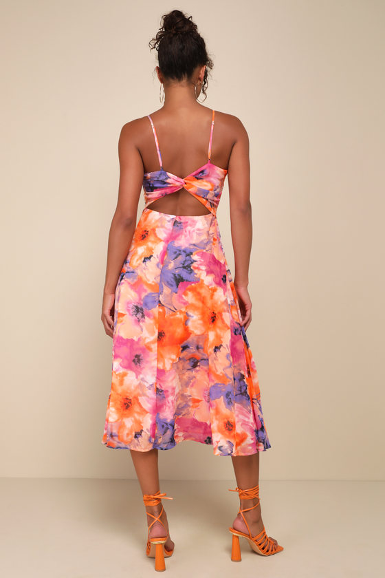 Radiant Feelings Orange and Purple Floral Chiffon Midi Dress #Color_Orange and Purple Floral