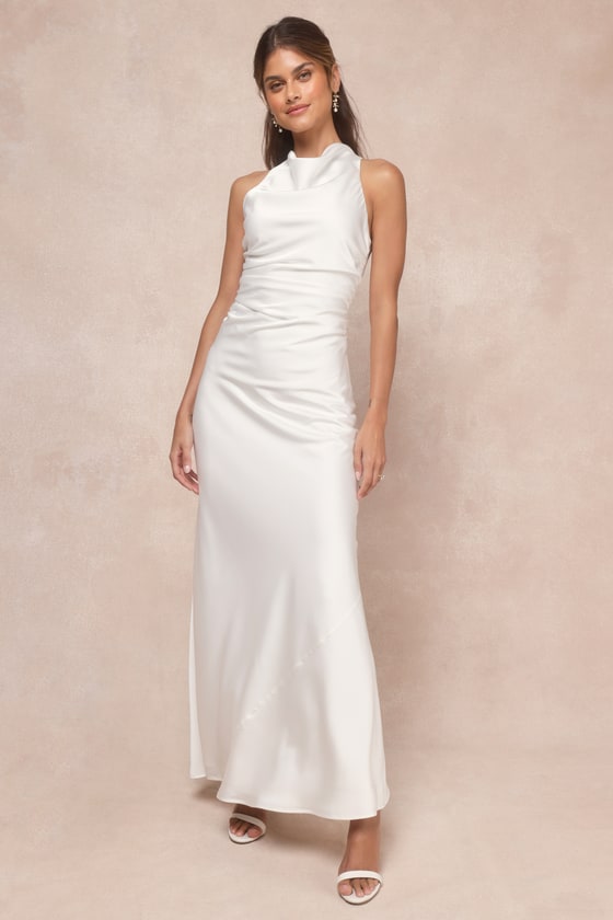 Effortlessly Sensational White Satin Backless Maxi Dress #Color_White