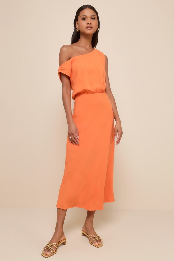 Casual Enchantment Orange Linen Off-the-Shoulder Midi Dress #Color_Orange