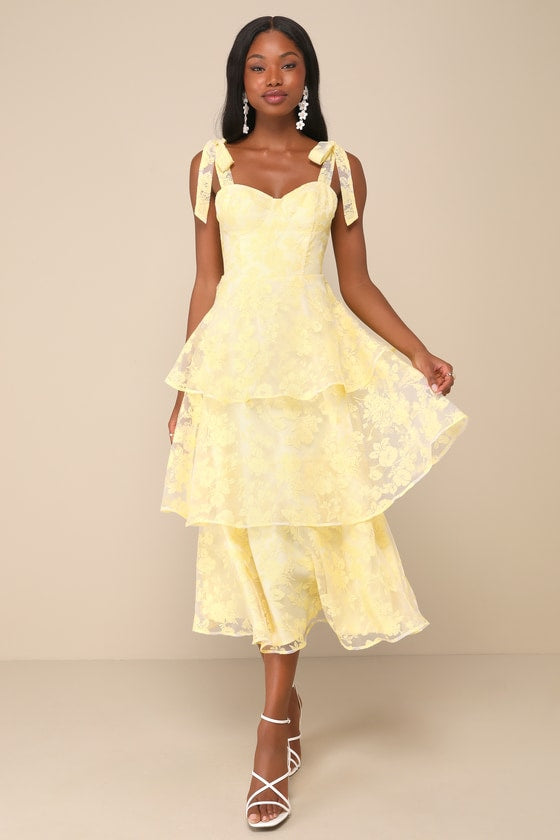 Glamorous Sweetie Yellow Burnout Tie-Strap Bustier Midi Dress