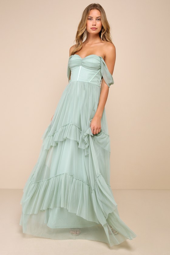 Stunning Personality Sage Green Mesh Off-the-Shoulder Maxi Dress #Color_Sage Green