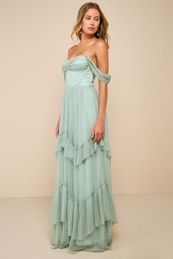 Stunning Personality Sage Green Mesh Off-the-Shoulder Maxi Dress #Color_Sage Green