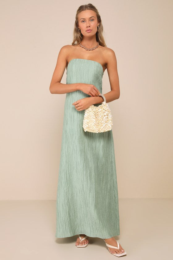 Radiant Season Sage Green Plisse Cutout Strapless Maxi Dress #Color_Sage Green
