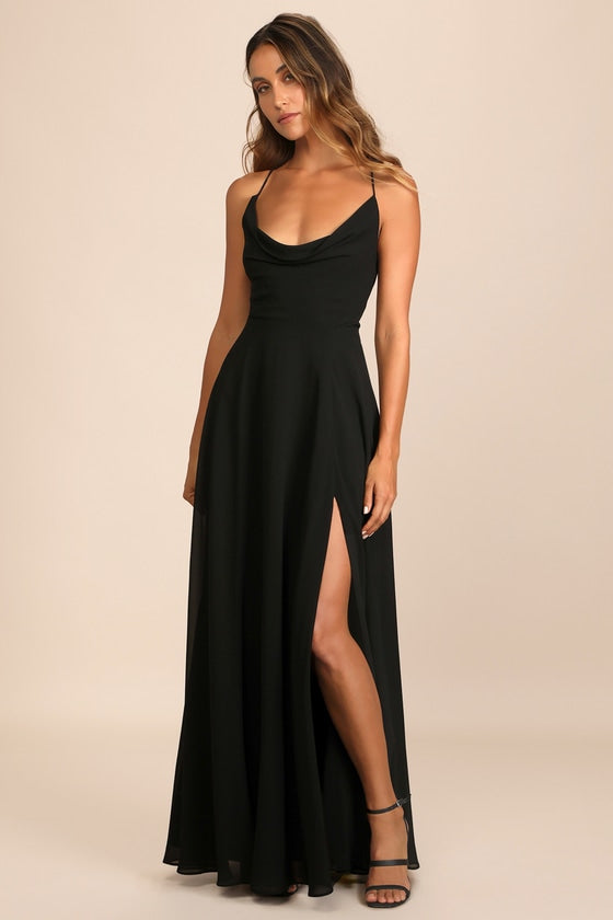 Romantically Speaking Black Cowl Lace-Up Maxi Dress #Color_Black